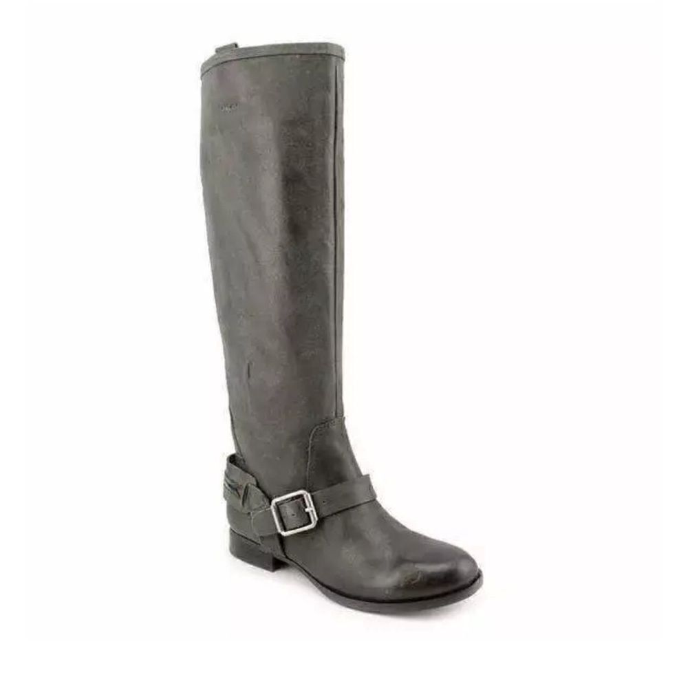 Lucky Brand Gray Leather May Tall Boots Harness Embroidered Heel Sz 6 M